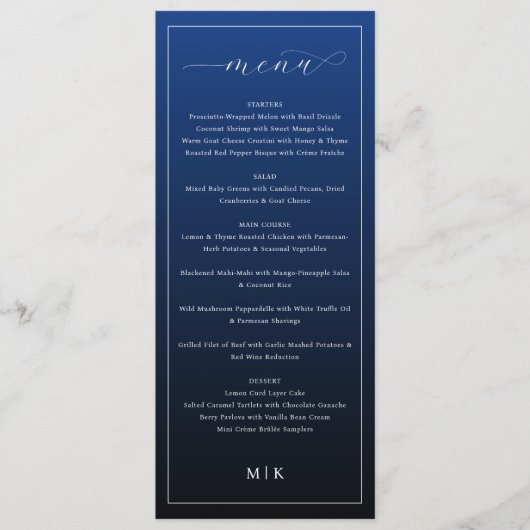 Elegant Navy Blue Minimalist Wedding Menu Menükarte (Vorderseite)