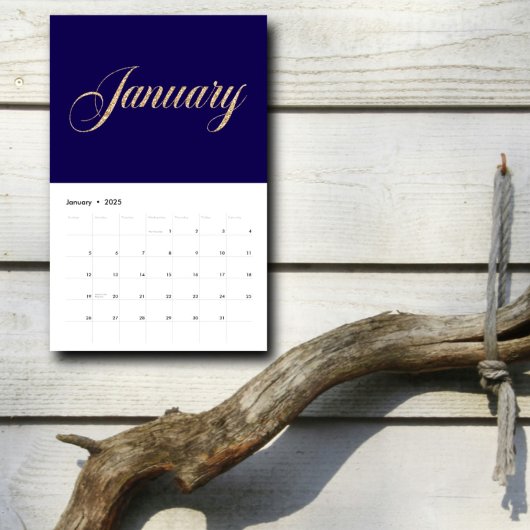 Elegant Navy Blue Minimalistisch| Gold Script Lett Kalender