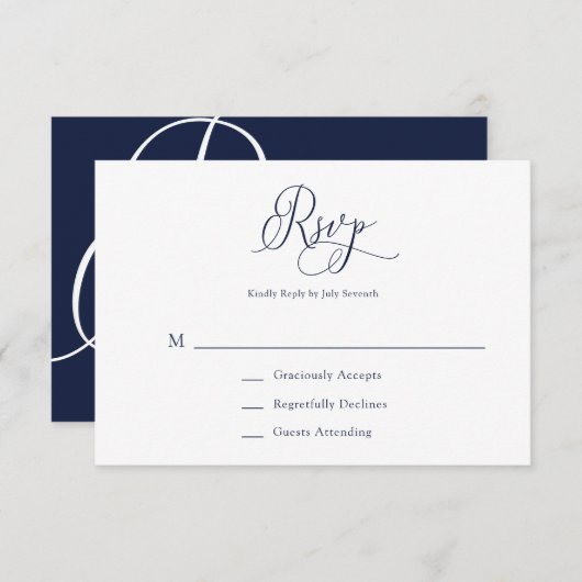 Elegant Navy Blue Minimalistisch Wedding RSVP Card (Vorne/Hinten)