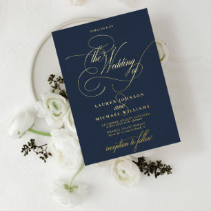 Elegant Navy Blue Modern Calligraphy Wedding Foil Folieneinladung