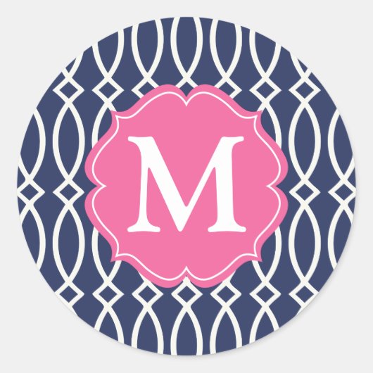 Elegant Navy Blue Modern Trellis Mit Monogramm Runder Aufkleber (Vorderseite)