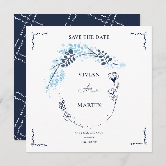 Elegant Navy Blue Monogram Floral Save the Date Einladung (Vorne/Hinten)