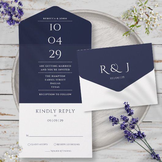 Elegant Navy Blue Monogram Minimalistisch Hochzeit All In One Einladung