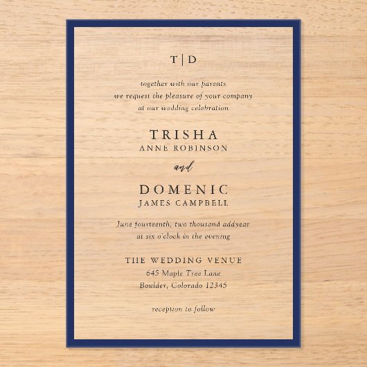 Elegant Navy Blue Monogram Modern Wedding Acryleinladungen (Vorderseite)