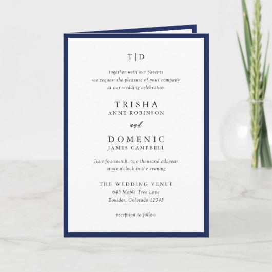 Elegant Navy Blue Monogram Modern Wedding Einladung (Vorderseite)