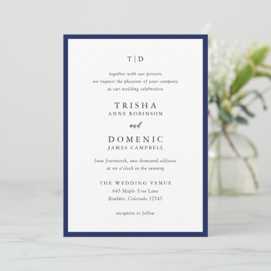Elegant Navy Blue Monogram Modern Wedding Einladung (Stehend Vorderseite)