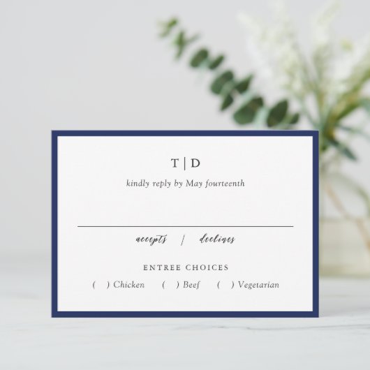 Elegant Navy Blue Monogram Modern Wedding RSVP Karte (Stehend Vorderseite)