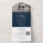 Elegant Navy Blue Monogram QR Code Foto Wedding All In One Einladung (Innen Boden)