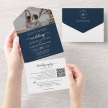 Elegant Navy Blue Monogram QR Code Foto Wedding