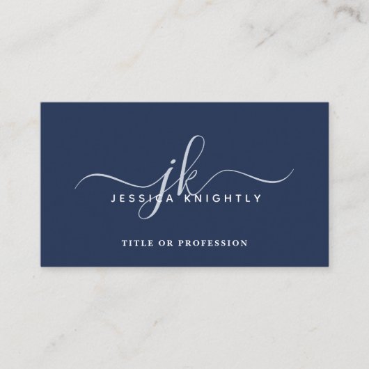 Elegant Navy Blue Monogram Script Initials Visitenkarte (Vorderseite)