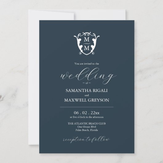 Elegant Navy Blue Monogram Wedding Einladungen (Vorderseite)