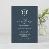 Elegant Navy Blue Monogram Wedding Einladungen (Stehend Vorderseite)