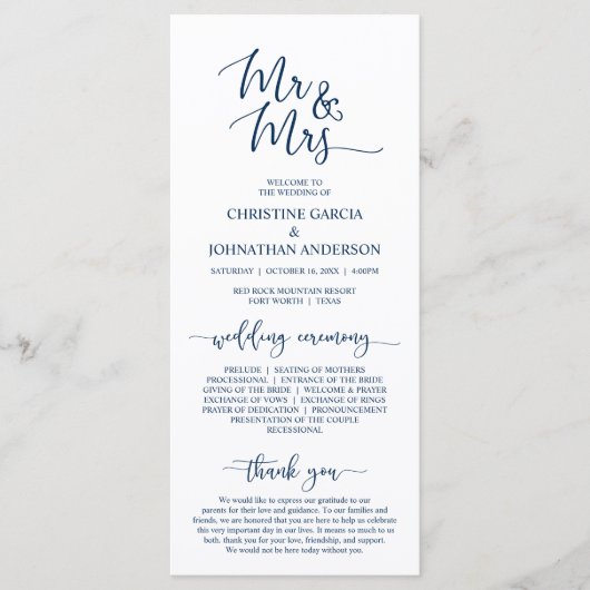 Elegant Navy Blue, Mr. and Mrs., Wedding Zeremony Programm (Vorderseite)