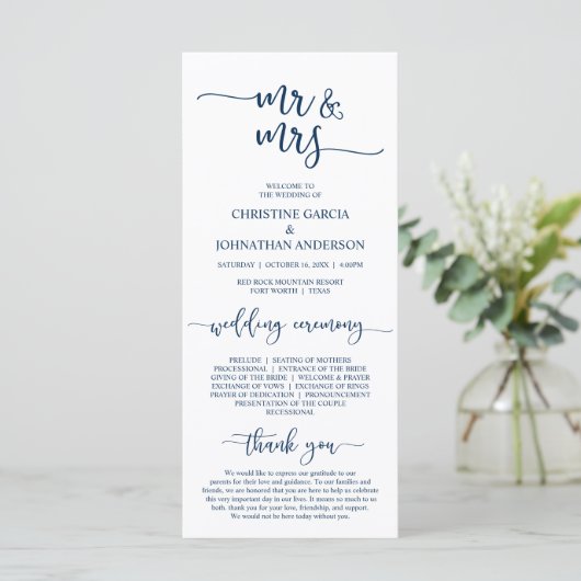 Elegant Navy Blue, Mr. and Mrs., Wedding Zeremony Programm (Stehend Vorderseite)