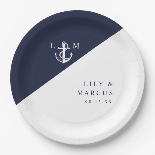 Elegant Navy Blue Nautical Monogram Wedding Pappteller (Vorderseite)