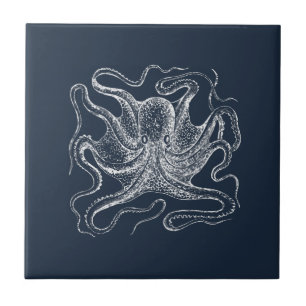 Elegant Navy Blue Octopus Illustration Fliese