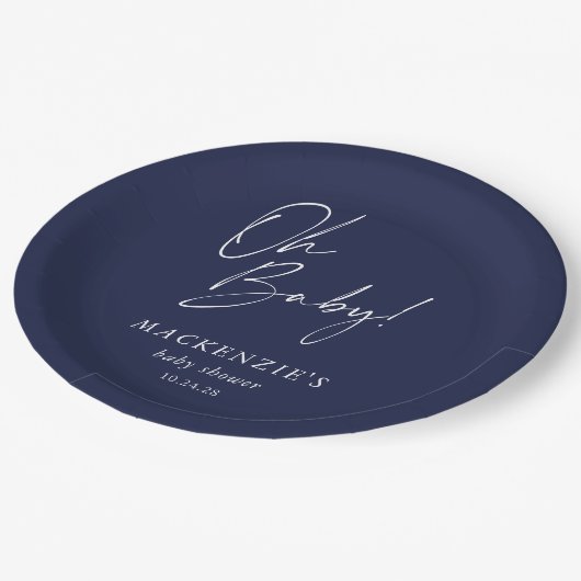 Elegant Navy Blue Oh Baby Shower Pappteller (Schrägansicht)
