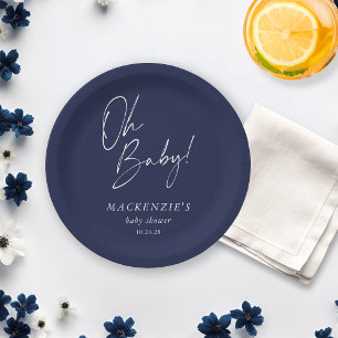 Elegant Navy Blue Oh Baby Shower Pappteller