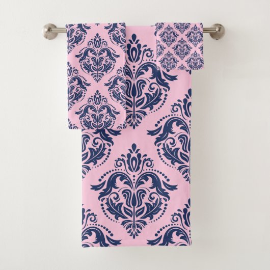 Elegant navy blue on pink vintage damasks badhandtuch set (Insitu)