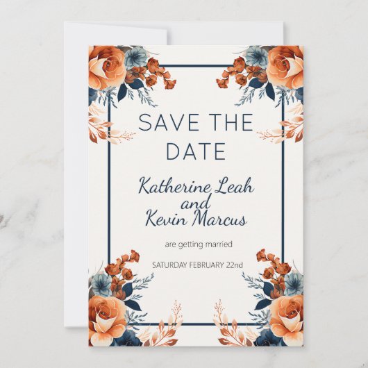Elegant Navy Blue Orange Floral Save the Date Einladung (Vorderseite)