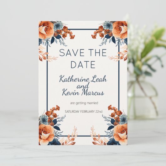 Elegant Navy Blue Orange Floral Save the Date Einladung (Stehend Vorderseite)