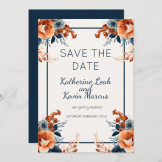 Elegant Navy Blue Orange Floral Save the Date Einladung