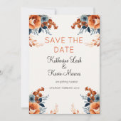 Elegant Navy Blue Orange Floral Save the Date Einladung (Vorderseite)
