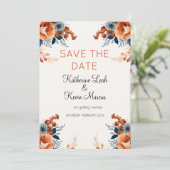 Elegant Navy Blue Orange Floral Save the Date Einladung (Stehend Vorderseite)