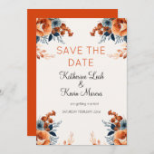 Elegant Navy Blue Orange Floral Save the Date Einladung (Vorne/Hinten)