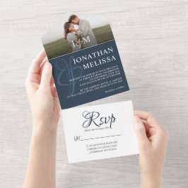Elegant Navy Blue Overlay Foto Monogram Wedding All In One Einladung