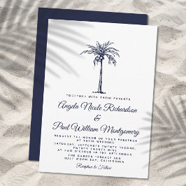 Elegant Navy Blue Palm Tree Formal Beach Hochzeit Einladung