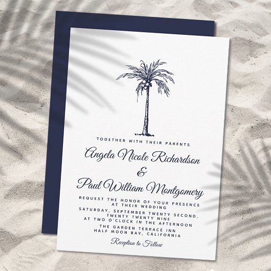 Elegant Navy Blue Palm Tree Formal Beach Hochzeit Einladung