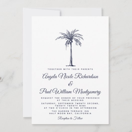 Elegant Navy Blue Palm Tree Formal Beach Hochzeit Einladung (Vorderseite)