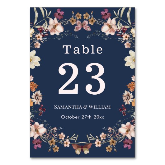 Elegant Navy Blue Pastel Wildblume Boho Wedding Tischnummer (Vorderseite)