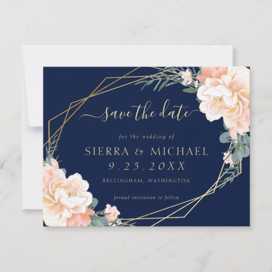 Elegant Navy Blue Peach Gold Floral Save the Date Einladung (Vorderseite)