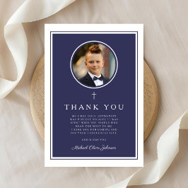 Elegant Navy Blue Photo Boy First Communion Dankeskarte