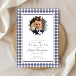 Elegant Navy Blue Photo Boy First Communion Einladung