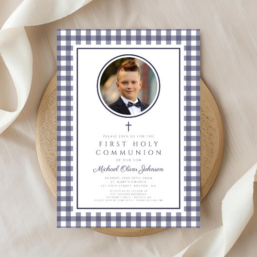 Elegant Navy Blue Photo Boy First Communion Einladung