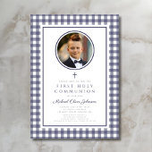 Elegant Navy Blue Photo Boy First Communion Einladung