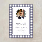 Elegant Navy Blue Photo Boy First Communion Einladung