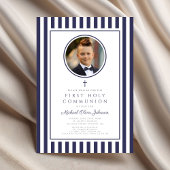 Elegant Navy Blue Photo Boy First Communion Einladung