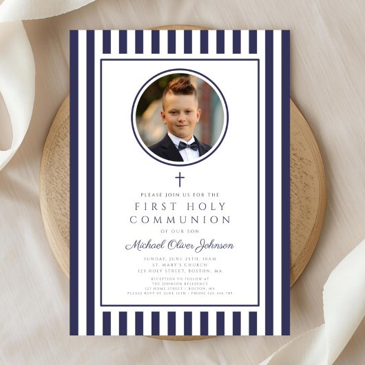 Elegant Navy Blue Photo Boy First Communion Einladung