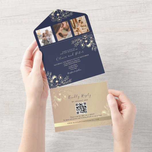 Elegant Navy Blue QR Code Hochzeit All In One Einladung (Abreißen)
