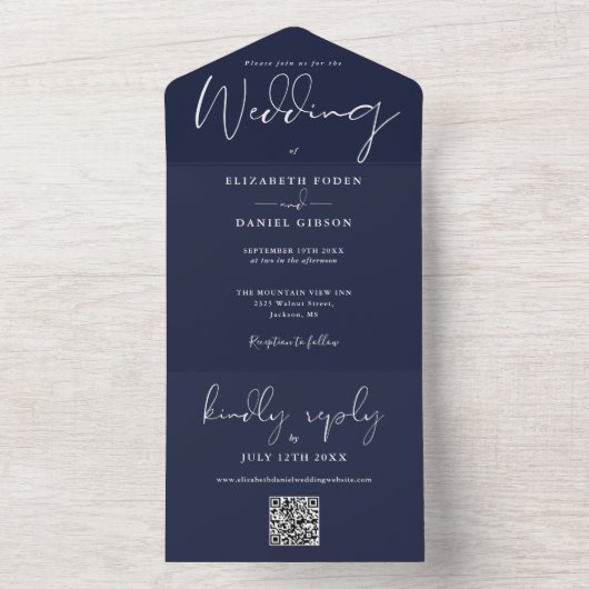 Elegant Navy Blue QR Code Monogram Wedding All In One Einladung (Innen Boden)