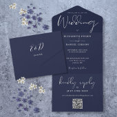 Elegant Navy Blue QR Code Monogram Wedding All In One Einladung
