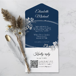 Elegant Navy Blue QR Code Monogram Wedding RSVP All In One Einladung