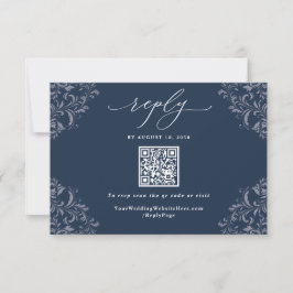 Elegant Navy Blue QR Code Vintage Wedding UAWG Ca RSVP Karte