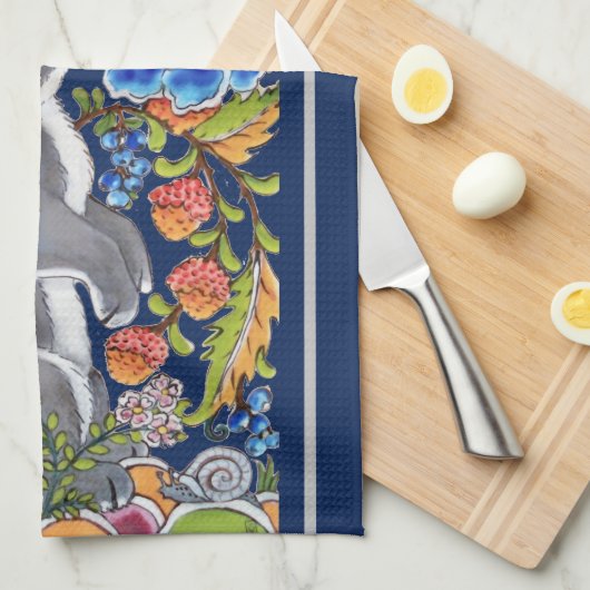 Elegant Navy Blue Rabbit & Birds Jacobobohne Flora Geschirrtuch (Viertel Falte)