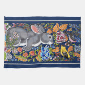 Elegant Navy Blue Rabbit & Birds Jacobobohne Flora Geschirrtuch (Horizontal)