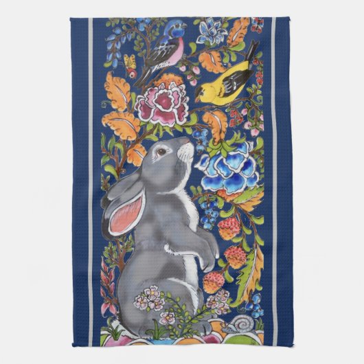 Elegant Navy Blue Rabbit & Birds Jacobobohne Flora Geschirrtuch (Vertikal)